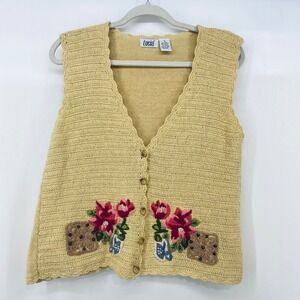 Lucia‎ Vintage Size S Sweater Vest Yellow Floral Embroidered Crochet Granny Core
